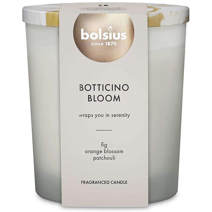 Bolsius Marble Duftkerze im Glas Botticino Bloom mit Marmoreffekt und Decke