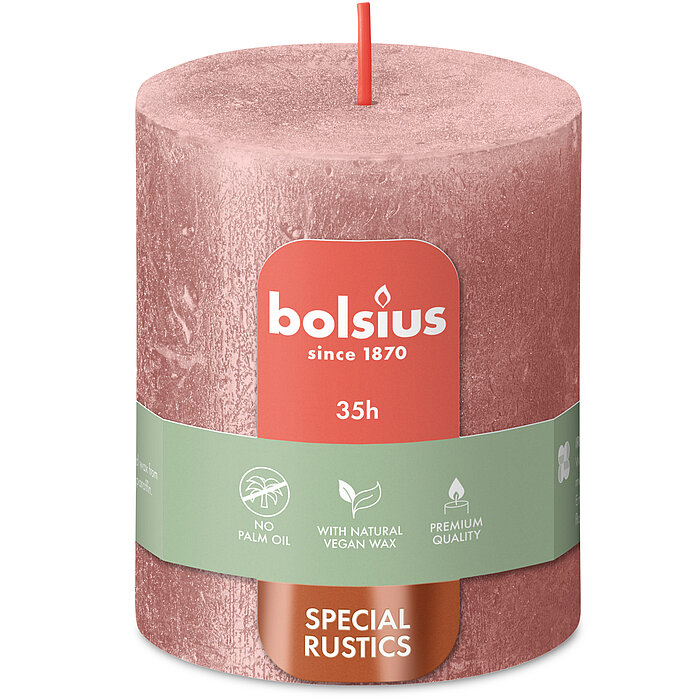 Rustik Shimmer Stumpenkerze von Bolsius in der Farbe Rosa in der Größe 8x6,8cm.