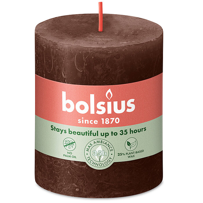 Rustik Stumpenkerze durchgefärbt von Bolsius in der Farbe Schokoladenbraun mit den Maßen 80/68mm (H/DM)