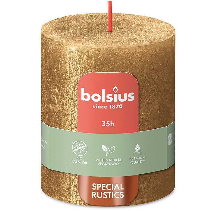 Rustik Shimmer Stumpenkerze von Bolsius in der Farbe Gold in der Größe 8x6,8cm.