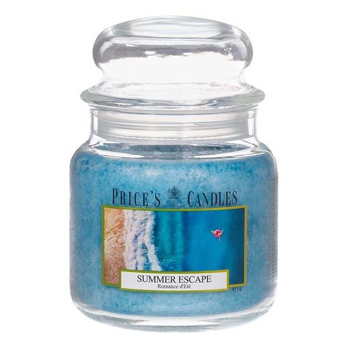 Eine Kerze im Apothekerglas von Prices Candles in der Größe 14,2x9,5cm mit dem Duft "Summer Escape" und einem Gewicht von 411g.