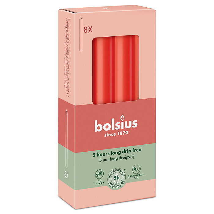 8 Haushaltskerzen von Bolsius in der Größe 17x2cm in der Farbe Zartes Rot.