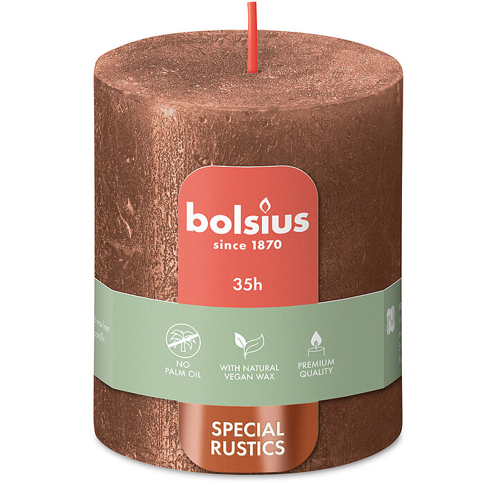 Rustik Shimmer Stumpenkerze von Bolsius in der Farbe Kupfer in der Größe 8x6,8cm.