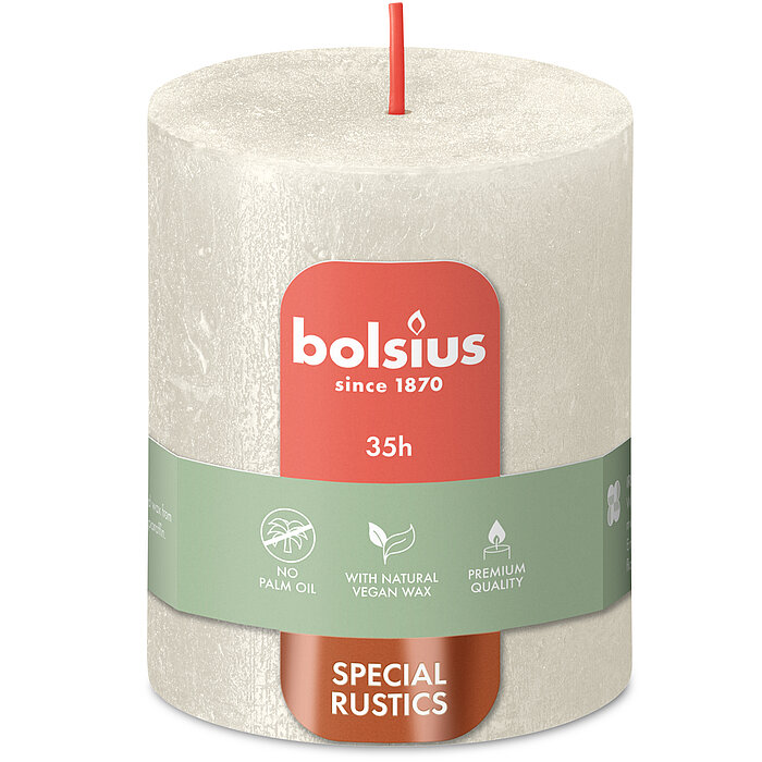 Rustik Shimmer Stumpenkerze von Bolsius in der Farbe Elfenbein in der Größe 8x6,8cm.