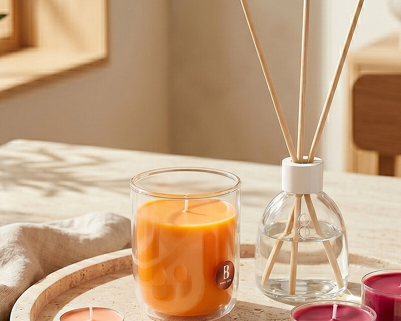 Ein stilvoll arrangiertes Duftensemble aus Duftglas Mango, Raumduft-Diffuser und Teelichtern Granatapfel und Mango von Bolsius auf einem hellen Naturstein-Tablett. Die warme Sommersonne taucht die Szene in ein weiches Licht und schafft eine ruhige, einladende Atmosphäre voller Frische, Wohlbefinden und sommerlicher Wohnlichkeit.