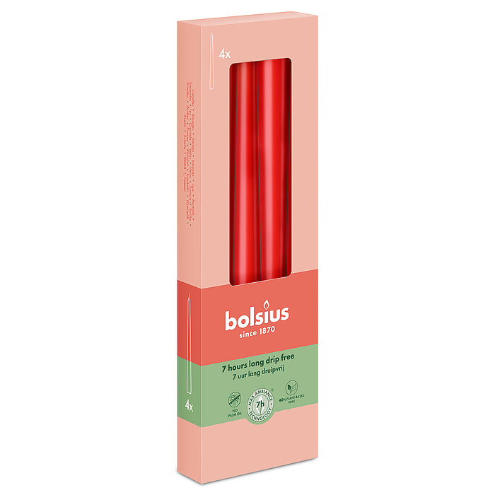 4 Spitzkerzen von Bolsius in der Größe 24,5x2,4cm in der Farbe zartes Rot.