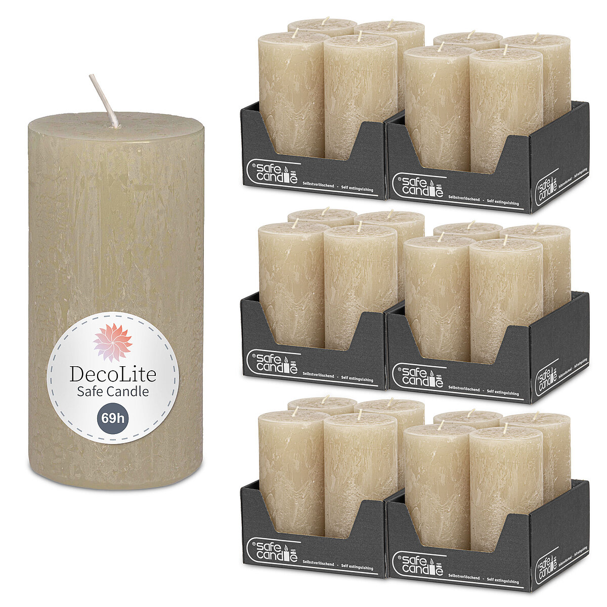 DecoLite Rustik Stumpenkerzen (Safe Candle) - 140/70 mm - Sahara (6x4er Pack)