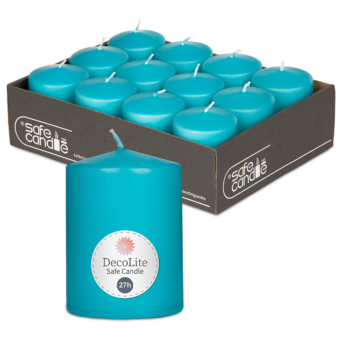 DecoLite Stumpenkerzen (Safe Candle) - 80/60 mm - Türkis (12er Pack)