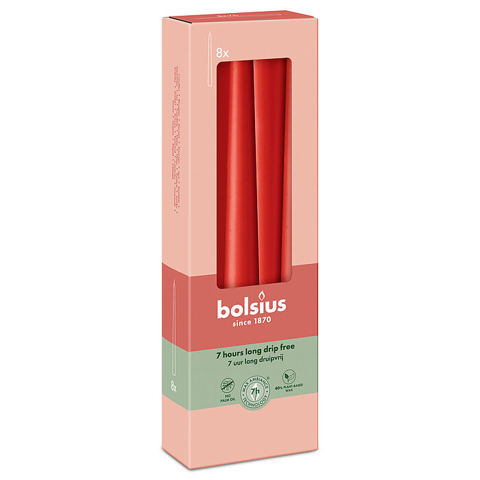 8 Spitzkerzen von Bolsius in der Größe 24x2,5cm in der Farbe zartes Rot.