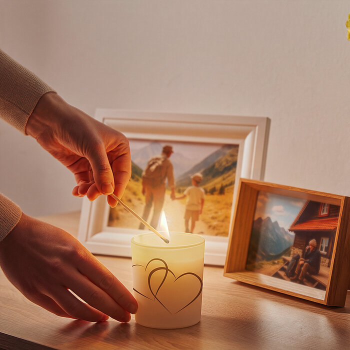 Gedenkkerze mit Herzmotiv und im Hintergrund Erinnerungsfotos