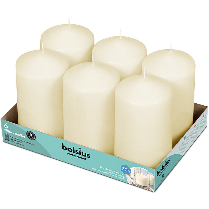 6 Stumpenkerzen von Bolsius Professional in der Größe 15x7,8cm in der Farbe Elfenbein.