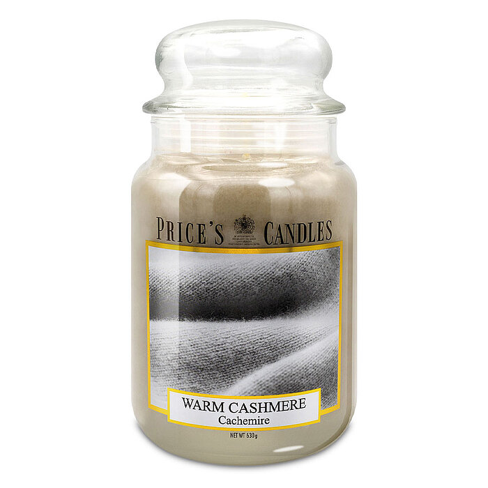 Eine Apothekerglas-Kerze von Prices Candles in der Größe 19,5x10cm mit dem Duft Warm Cashmere und einem Gewicht von 630g.