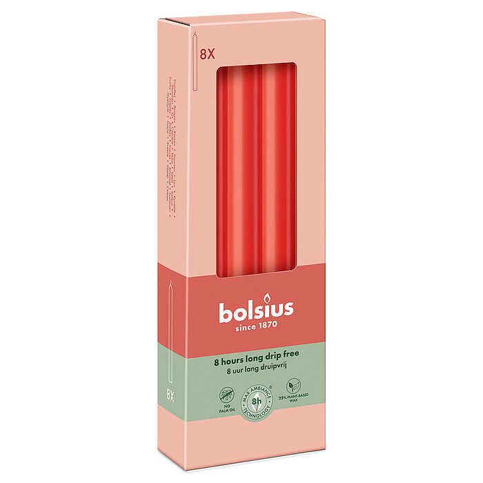 8 Haushaltskerzen von Bolsius in der Größe 23x2cm in der Farbe Zartes Rot.