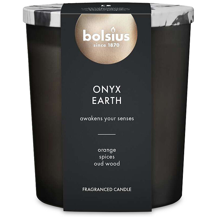 Bolsius Marble Duftglas Onyx Earth mit Marmoreffekt und dekorativem Decke