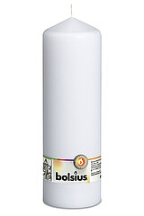 Eine Stumpenkerze in der Farbe Elfenbein mit den Maßen 250/78mm (H/DM) und 111h Brenndauer. Auf der Banderole ist der Markenname "Bolsius" abzulesen.