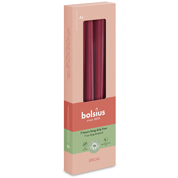 Special Essentials Ultra Gloss Spitzkerzen in der Farbe Samtrot mit den Maßen 24,5 x 2,4 cm (H/DM)